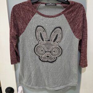 Almost Famous Bunny Graphic Raglan Tee – Women’s Small Grey & Burgundy
